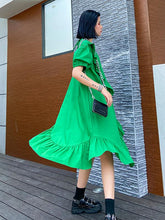 Solid Falbala Bishop Sleeve Asymmetric Midi Dress